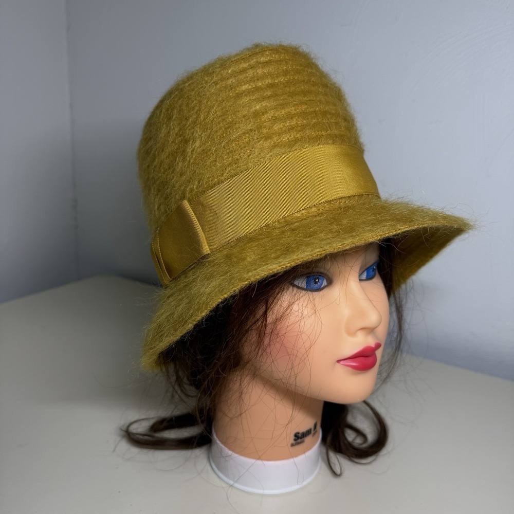 Evelin Varon Vintage Mustard Yellow Fuzzy Bucket Crochet Wool Blend Hat 21,1/4